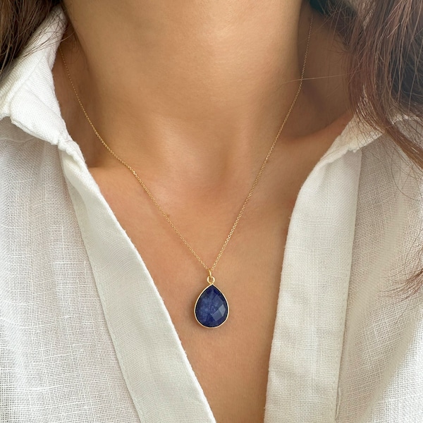 Roher blauer Saphir Halskette, gute Vibes Halskette, September Birthstone Halskette, echter blauer Saphir Edelstein Halskette, Saphir Schmuck