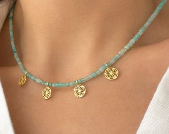 Green Amazonite Choker, Mandala multi charms necklace  Minimalisr Gemstone jewelry, Silver 925