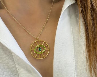 Greek Gold Evil Eye Necklace, Lucky Charm Pendant, Protection Good luck Jewelry