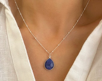 Raw Blue Sapphire Necklace, September Birthstone, Satellite chain, Real Blue Sapphire Jewelry, raw gemstone necklace, gift for her