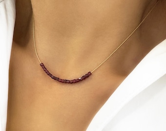 January Birthstone Garnet Necklace, Seed bead Gemstone Choker, Minimalist crystal zodiac Jewelry, Silver 925