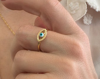 Gold-Evil-Eye-Ring, Glücksbringer-Ring, Chevalier-Ring, griechischer Evil-Eye-Ring, klobiger Goldring, Lucky-Eye-Ring, verstellbarer Ring, minimalistischer Ring