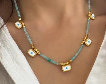 Evil Eye Necklace, Minimalist Multi Charm Beach Jewelry, Seed Bead Amazonite Gemstone Choker