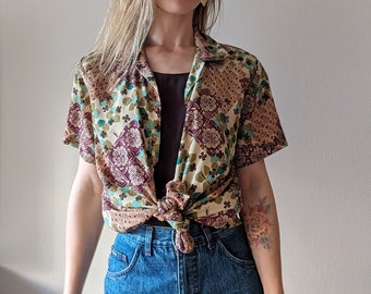 Vintage jaren 1980 Groovy bloemen geometrische blouse | Lente zomergarderobe | Gemengde patronen | Maat M