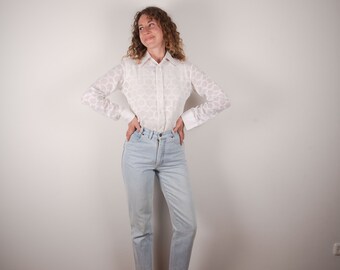 Cool Vintage 70s Blusa transparente blanca / Estampado hexagonal / Traje de guardarropa cápsula / Hecho en Italia / Tamaño M