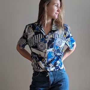 Vintage 1980s Blue & Yellow Blouse | Retro Streetwear Ready | Made in UK | Size M