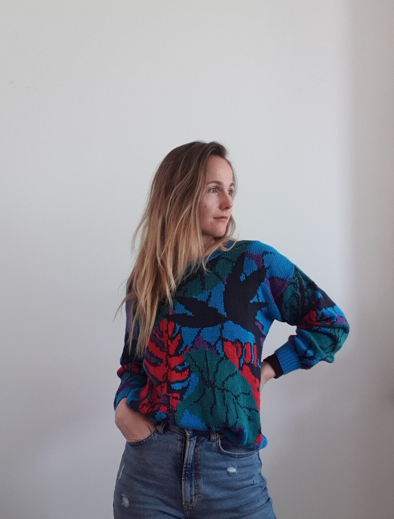 Vintage 1970s silk cotton blue print sweater