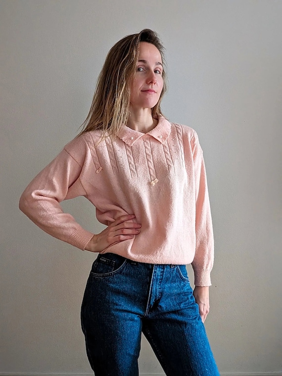 1970s Pastel Pink Embroided Sweater Pearls Mini Bows Spring