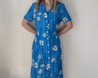 Vintage 1980s Floral Blue Summer Dress | Spring Summer Wardrobe | Short Sleeve | Below Knee | Feminine | Size M
