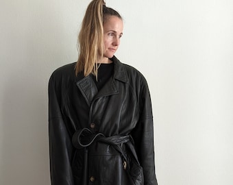 Vintage 1980s Black Leather Jacket | Oversized Coat | Hip Length | Original Belt | Capsule Wardrobe