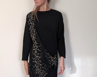 Vintage 1970s Black Longsleeve Party Dress | NYE Dress | Capsule Wardrobe | Embroided Dress | Size 8