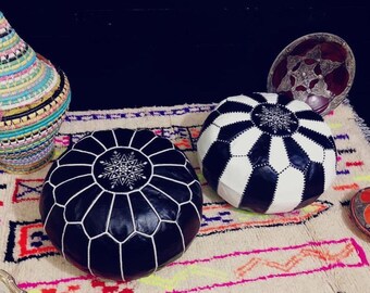 Pair of Perfection: Handmade Moroccan Leather Poufs - Chic Ottoman Footstools for Weddings and Elevated Home Decor.