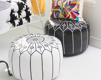 Pair of Artisan-Crafted Moroccan Leather Poufs – Elegant Ottoman, Wedding Gift, and Stylish Floor Accent.