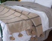 Moroccan blanket, Moroccan Pompom Blanket,bedroom blanket,moroccan throw blanket,pompom blanket,Pom Poms Bed Cover Tan with Black Stripes