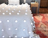 Moroccan blanket, Moroccan Pompom Blanket,bedroom blanket,moroccan throw blanket,pompom blanket, Bed Cover Gray with White Pompoms