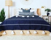 Moroccan blanket, Moroccan Pompom Blanket,bedroom blanket,moroccan throw blanket, Pom Poms Bed Cover Navy Blue and White Stripes