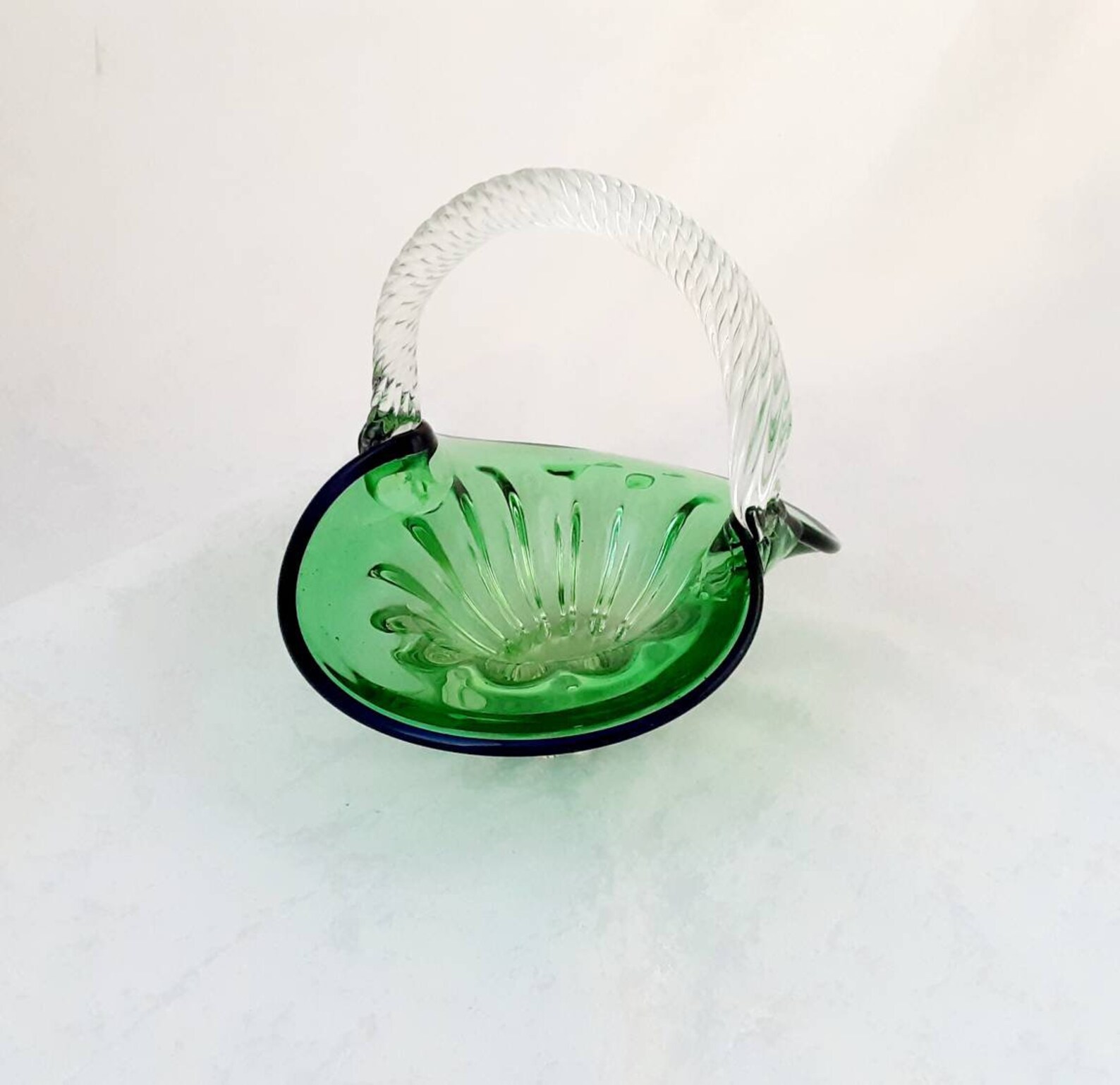 Vintage Green Glass Basket Clear Twist Glass Handle Retro Etsy UK