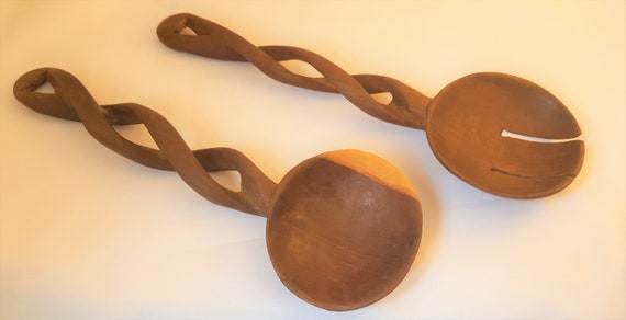 Vintage Hand Carved Wooden Spoon And Fork Wall Decoration 60s Etsy