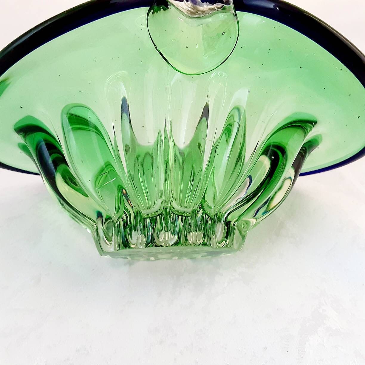 Vintage Green Glass Basket Clear Twist Glass Handle, Retro Green