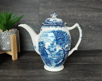Vintage Johnson Bros Mill Stream Blue White Rare Teapot, Retro 
