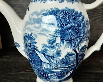Vintage Johnson Bros Mill Stream Blue White Rare Teapot, Retro 