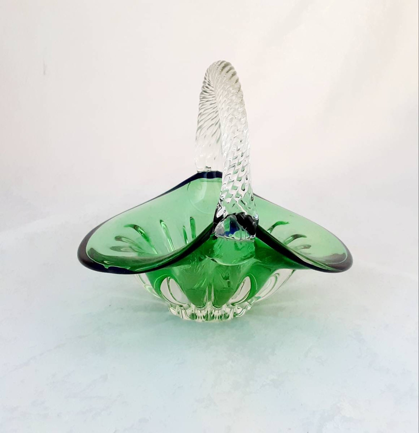 Vintage Green Glass Basket Clear Twist Glass Handle Retro Etsy UK