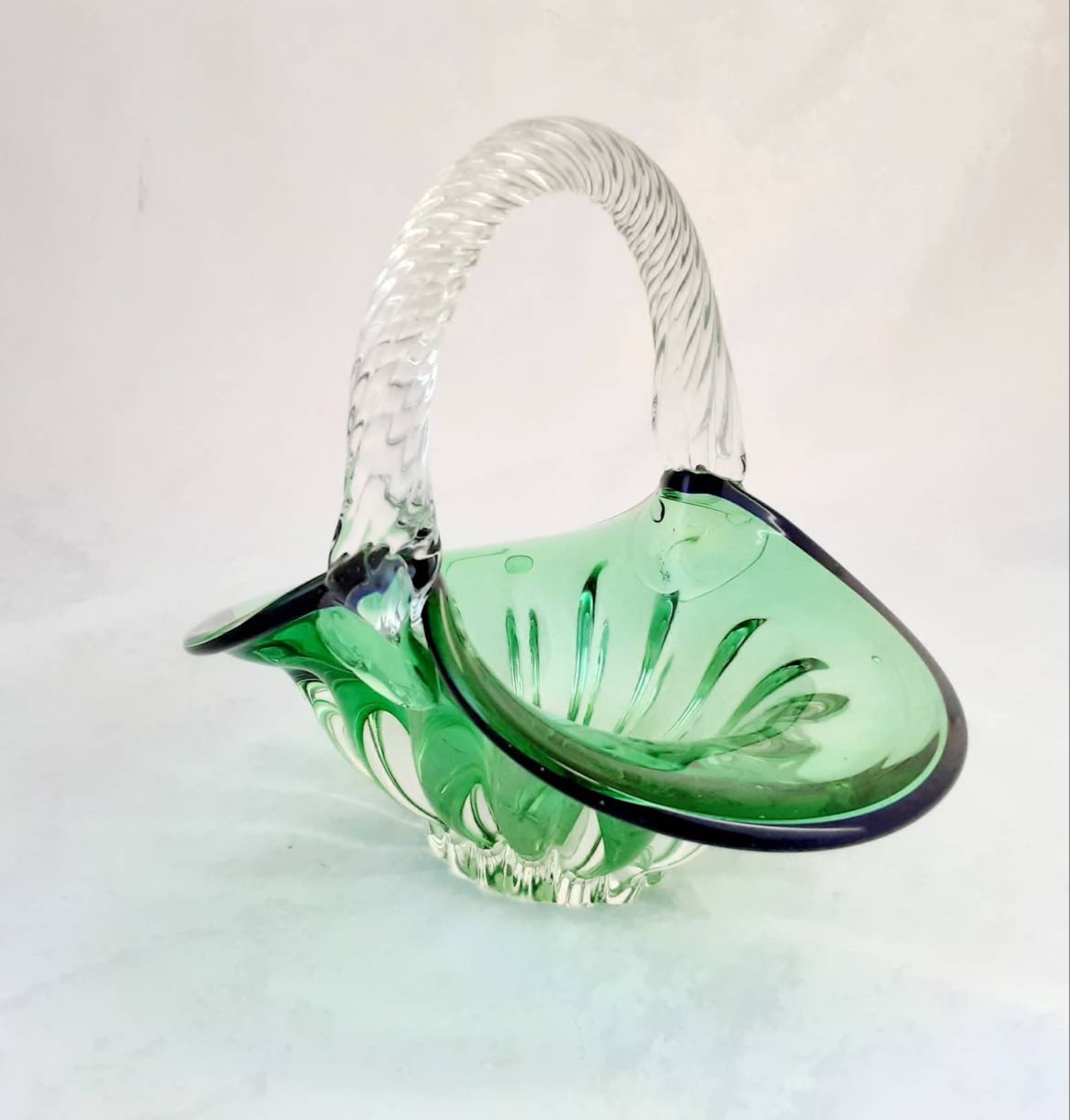 Vintage Green Glass Basket Clear Twist Glass Handle Retro Etsy UK