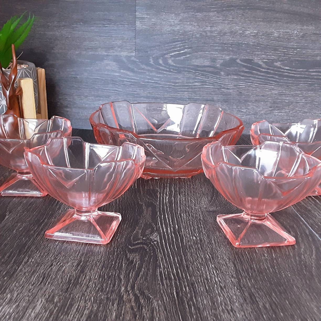 Art Deco Pink Glass Bowl And 4 Dessert Ice Cream Bowls Etsy
