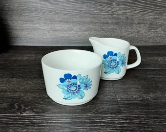 Vintage J & G Meakin Pacific Design Milk Jug Sugar Bowl , Retro Rare Floral Jug And Bowl, 1970s White Ceramic Creamer Blue Flower Pattern