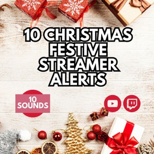Puede incluir: Una imagen navideña festiva con 10 alertas de streamer navideñas para Twitch y YouTube. La imagen presenta una caja de regalo roja y blanca con un lazo rojo, un árbol de Navidad dorado y adornos rojos y dorados. El texto "10 Christmas Festive Streamer Alerts" está en texto negro sobre un fondo blanco. El texto "10 Sounds" está en texto blanco sobre un círculo rojo.