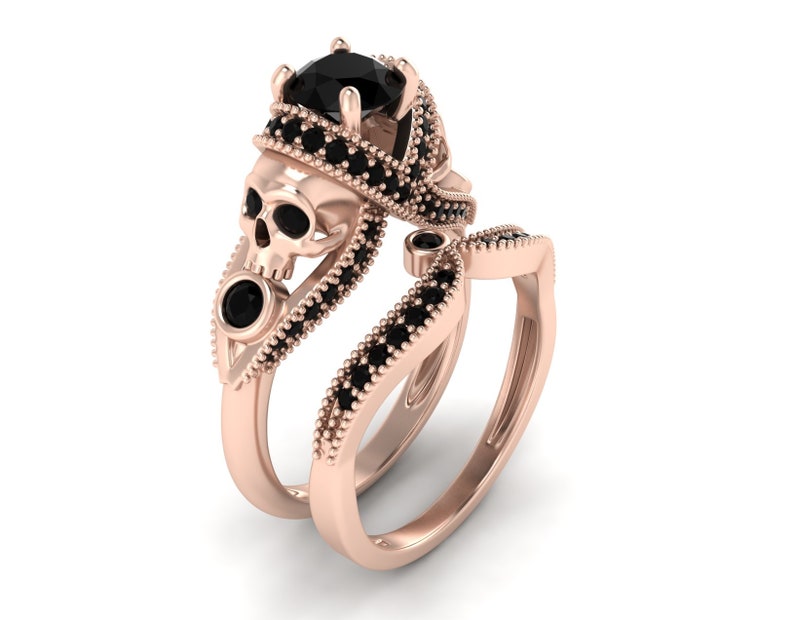 1 3 4ct Black Diamond Gothic 2 Skull Halloween Engagement Ring Etsy