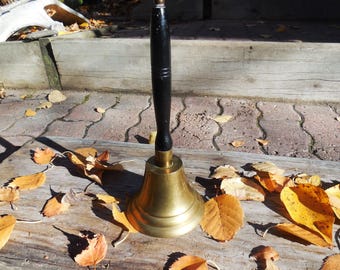 Vintage Brass School Bell, Wooden Handle, 1960s Memorabilia