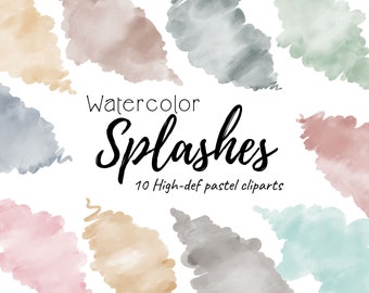 Watercolor Splashes, Watercolor Brush Strokes Clipart, Pastel Watercolor Splashes, Set of 10 Pastel Colors, INSTANT DOWNLOAD