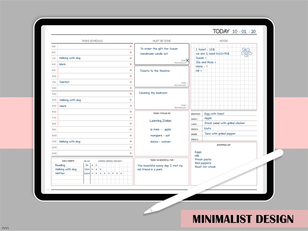 Daily Planner iPad Planner Template Hourly Planner Landscape Digital