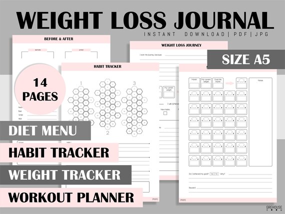 weight loss journal a5 planner printable inserts habit tracker weight loss tracker fitness journal health planner self care planner pdf weight loss journals printable