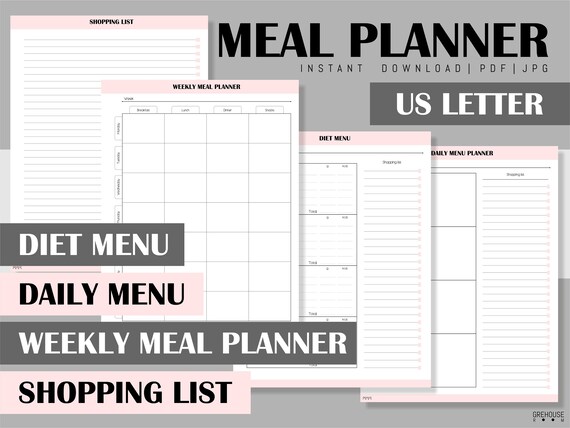 meal planner printable inserts shopping list grocery list diet plan planner download daily menu planner pdf self care pages us letter refill weekly diet menu planner and grocery list
