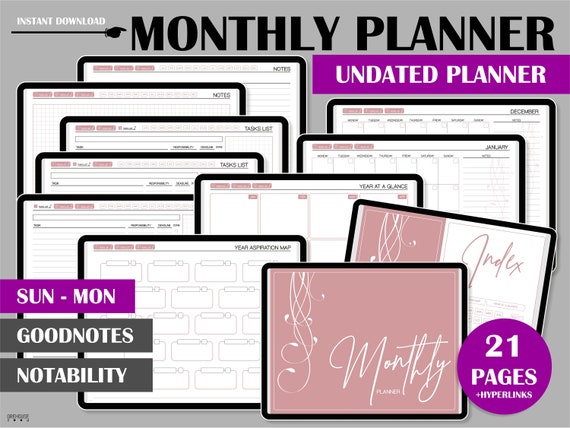 Undated Planner Agenda Monthly Planner Digital Planner Pdf To Etsy