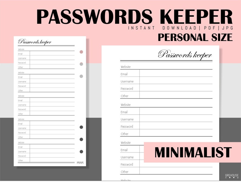 Password book Printable Filofax Personal inserts Password Etsy