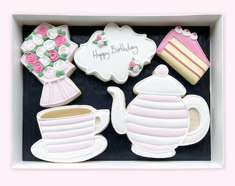 Tea and Cake Happy Birthday Iced Biscuits, Hand Iced Cookie Gift Box