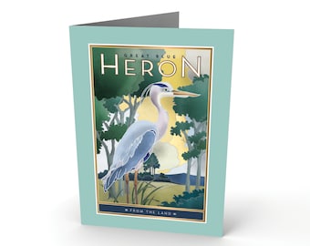 Great Blue Heron–Illustrated Greeting Card, Nature Card, Art Deco Card, Heron, Card with bird, Blank Card