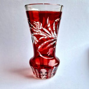 Vintage Ruby Red Bohemia Crystal Vase: Hand-Cut Yew Branch Decor