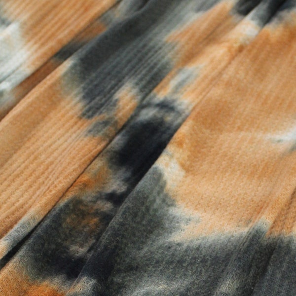 CLEARANCE - Waffle Fabric, Knit Fabric, Orange/White/Olive Tie Dye, Poly Blend, Fabric by the 1/2 Yard, Yard, 4 Way Stretch
