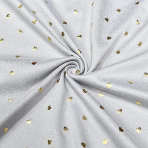 Dubbelborstad poly, DBP, guldfolierade prickiga hjärtan med ljusgrå bas, 180 GSM, tyg per 1/2 yard, yard, prov, 4-vägs stretch
