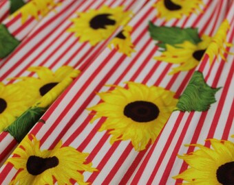 Double Brushed Poly Fabric: Yellow Sunflowers Red Stripes, 180 GSM