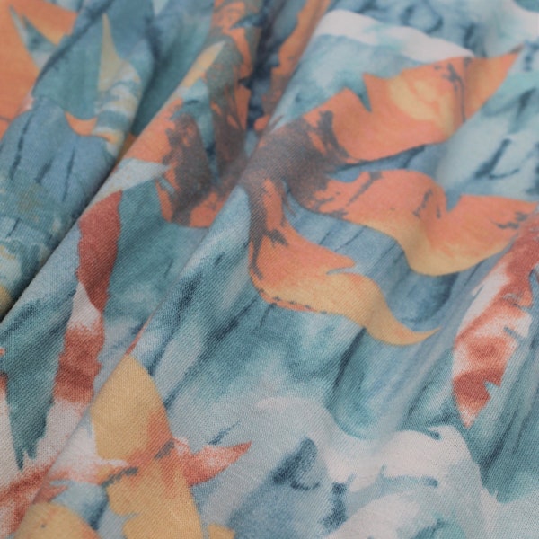 French Terry, Blue/Orange Tropical Palm Tree Print, Watercolor Design, Poly Rayon Blend, Fabric by the 1/2 Yard, Yard, Sample, 2 Way Stretch