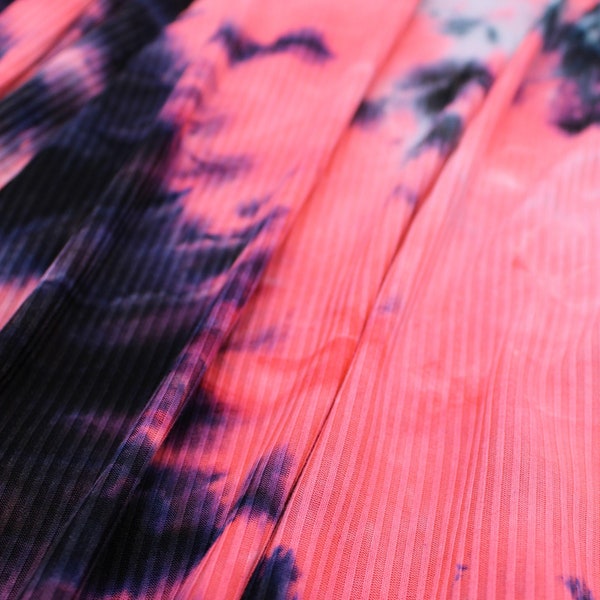 Ribbed Knit Fabric, Hot Pink and Black Tie Dye with Hints of Purple, Poly Spandex, Fabric by the 1/2 Yard, Yard, or Sample, 4 Way Stretch