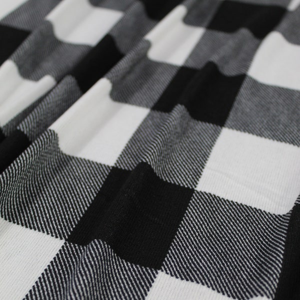 Super Soft Hacci Sweater Knit, Black/White Buffalo Plaid Print, Brushed Fabric, Poly Spandex Blend, Fabric by the 1/2 Yard, Yard, or Sample