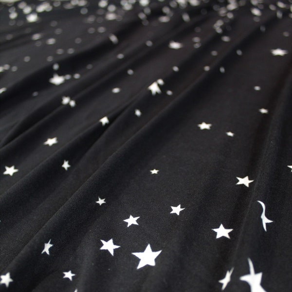 Double Brushed Poly, DBP Fabric, White Scattered Stars Against Black Base, Fabric by the 1/2 Yard, Yard, Sample, 4 Way Stretch