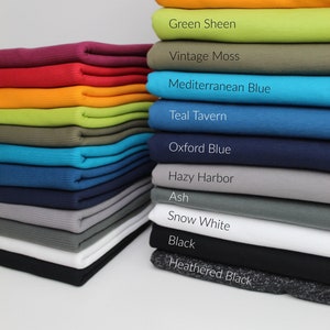 Sweatshirt Fleece Fabric, 14 SOLIDS VARIETY, Fleece=100% Cotton (No Stretch), Matching Rib (2 Way Stretch), Fleece & Rib Sold Separately