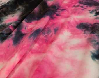 Double Brushed Poly, DBP Fabric, Pink and Black Tie Dye with Blue Tones,